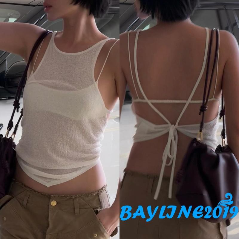 (จัดส่งในกรุงเทพฯ)-ชุดสตรีฤดูร้อน 2 ชิ้นเสื้อผูกหลังสีทึบและเสื้อชั้นในสตรีครอปขนาดเล็ก