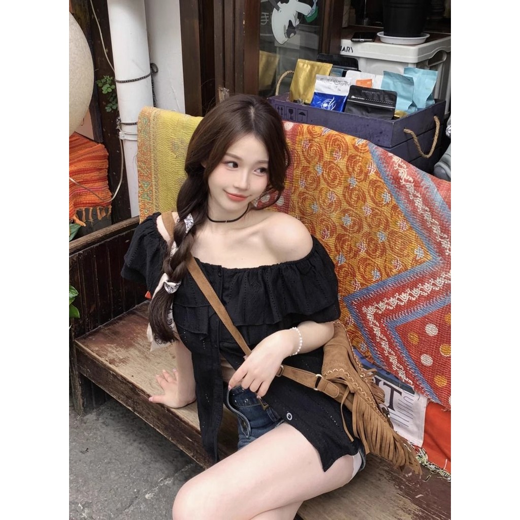 Veewink พร้อมส่ง🔥เสื้อท่อนบน เสื้อเบลาส์ผู้หญิง มีกระดุม แต่งระบาย สีพื้น สไตล์ลำลอง - รูปที่ 4