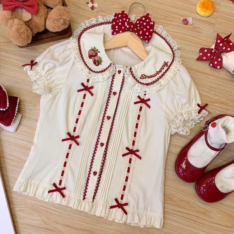 F & X Lolita Velvet Strawberry Lolita Doll เสื้อเชิ้ตแขนสั้นน่ารัก