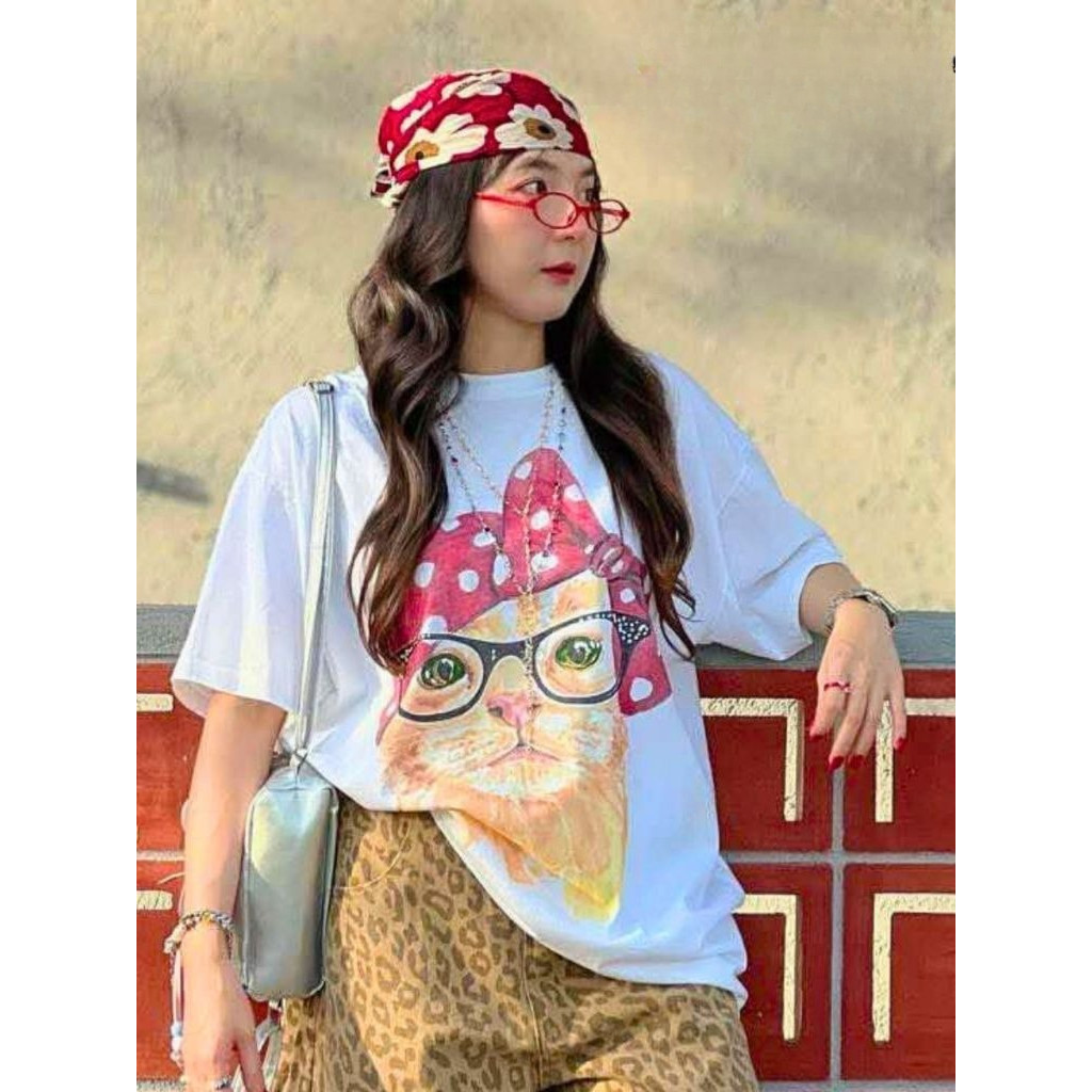COD✅ (จัดส่งในกรุงเทพฯ) MAO Shop เสื้อยืด Oversize แมวใส่แว่น (สกรีนหน้า-หลัง) ป้าย เสื้อหวานๆ