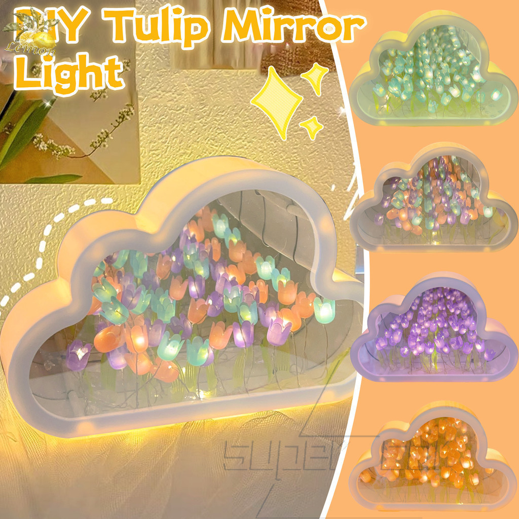 DIY Handcrafted อะคริลิค Cloud Tulip Mirror Nightlight - LED เป็นมิตรกับสิ่งแวดล้อม,โคมไฟตั้งโต๊ะอินเทรนด์,Ambient Home Lighting Decor,ไอเดียของขวัญวันเกิดที่ไม่ซ้ําใคร