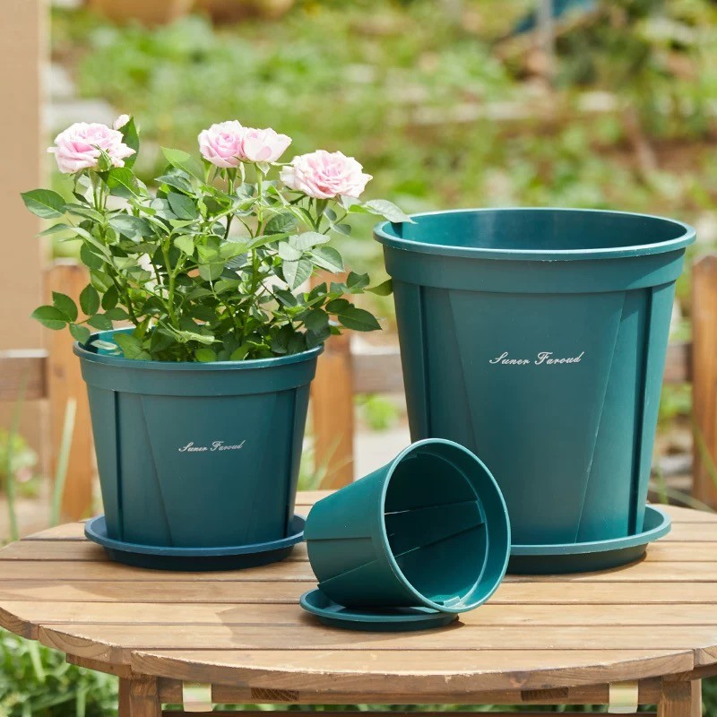 กระถาง กระถางพลาสติก พร้อมถาดรองกระถางทรงถัง ปลูกต้นไม้ 24*24*16cm ระบายน้ำได้ดี รุ่นหนา สวย