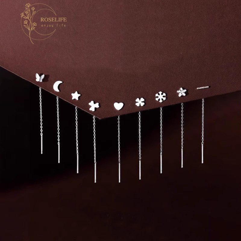 Roselife S925 เงิน คู่หัวใจผีเสื้อโบว์ยาว Chain Drop ต่างหูสำหรับผู้หญิง สไตล์แฟชั่นเครื่องประดับ