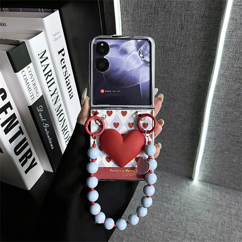 น่ารักอาวุโสเกาหลี 3D Love Wine Red Case พร้อมสร้อยข้อมือหัวใจสําหรับ Xiaomi MIX Flip mixflip xiaomimixflip กันกระแทกปกหลัง
