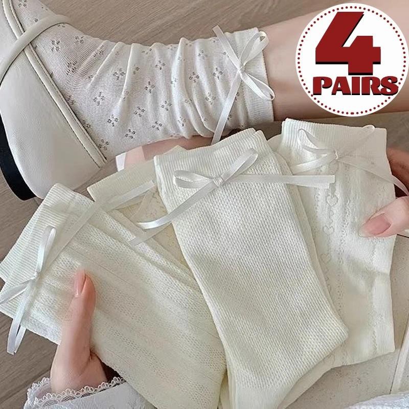 สาว อิน สไตล์กลางลูกวัวฤดูใบไม้ผลิฤดูร้อนบางถุงน่องสีครีม-สีขาวหวานหัวใจน่ารักกลวงด้านผีเสื้อปมถุงเท้า