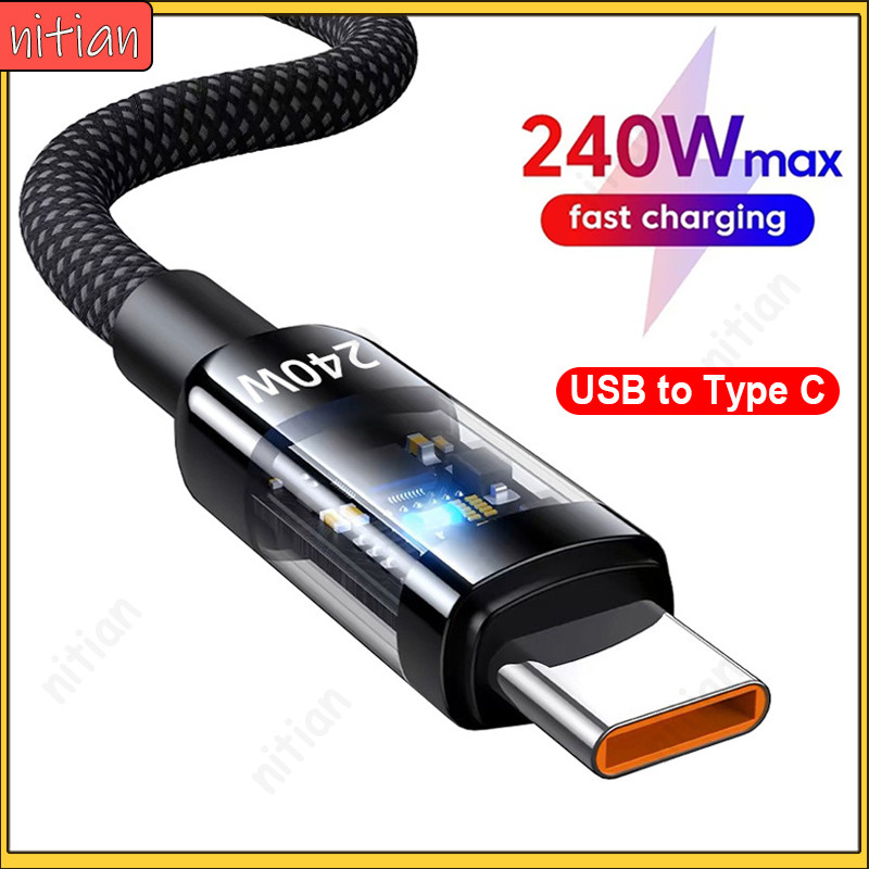 240W ชาร์จเร็วสุด USB ถึง Type-C Data Cable 6A Type C Fast Charging สายชาร์จพร้อมไฟแสดงสถานะไนลอนทอผ้า Data Transfer Line