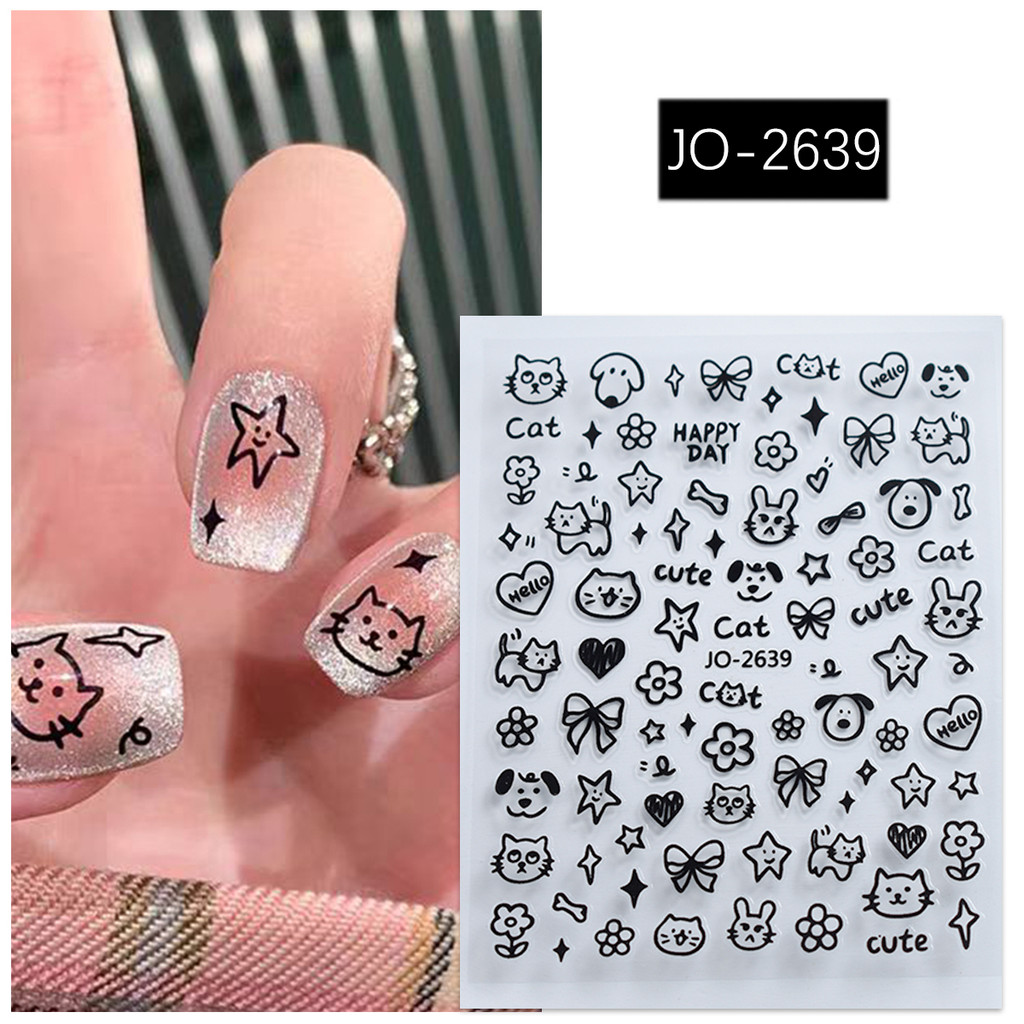 การ์ตูน Graffiti สติ๊กเกอร์ติดเล็บแมวน่ารัก Puppy Kawaii เล็บ 3D โปร่งใส Self กาว Decal