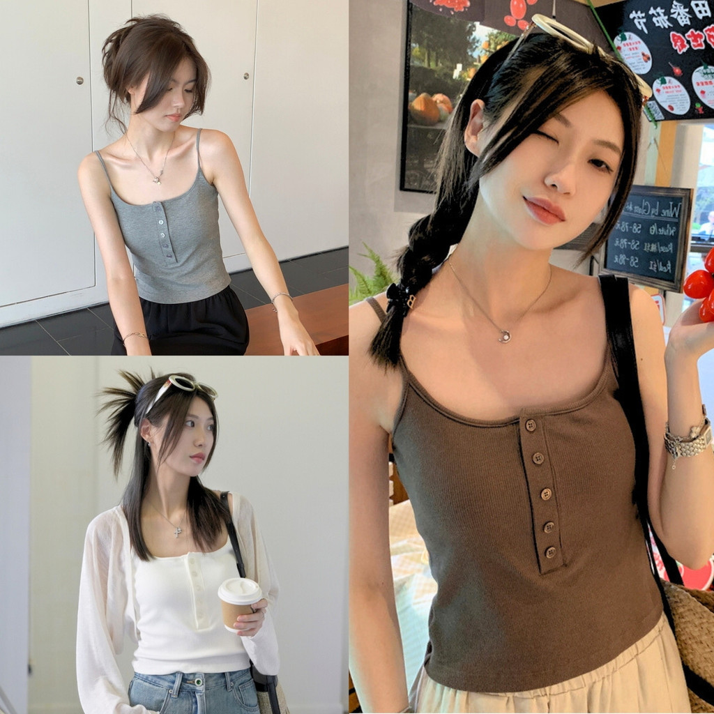 🔥ราคาถูกที่สุด🔥เสื้อสายเดี่ยว อกมีกระดุมหน้า ฟองน้ำในตัว ใส่สบายกระชับ 6 สี