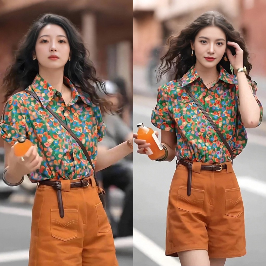 เสื้อเชิ้ตแขนสั้นลายดอกวินเทจ สำหรับผู้หญิง ดีไซน์เก๋ๆ