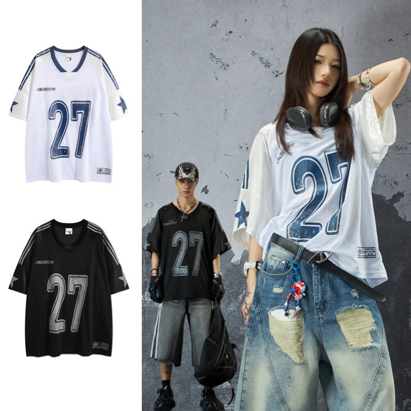 SUIKONE ซุยโคเนะ อเมริกันย้อนยุคลําลองตาข่ายพิมพ์ดิจิตอล แร็กแลน เสื้อยืดแขนสั้นกีฬาฤดูร้อนเสื้อหลวม