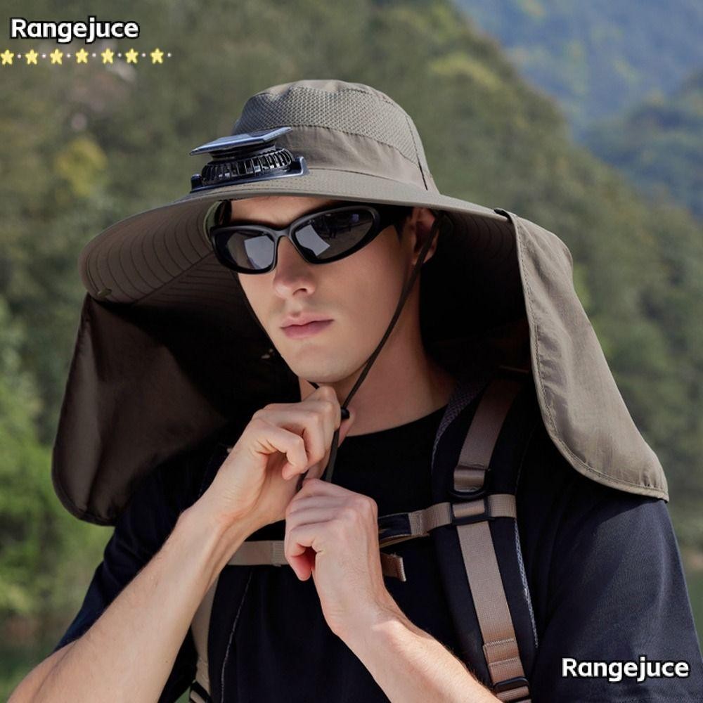 RANGEJUCE หมวกตกปลา, พัดลม UPF50+ แห้งเร็ว, กันน้ำปีกกว้าง USB ชาร์จ หมวกกลางแจ้ง