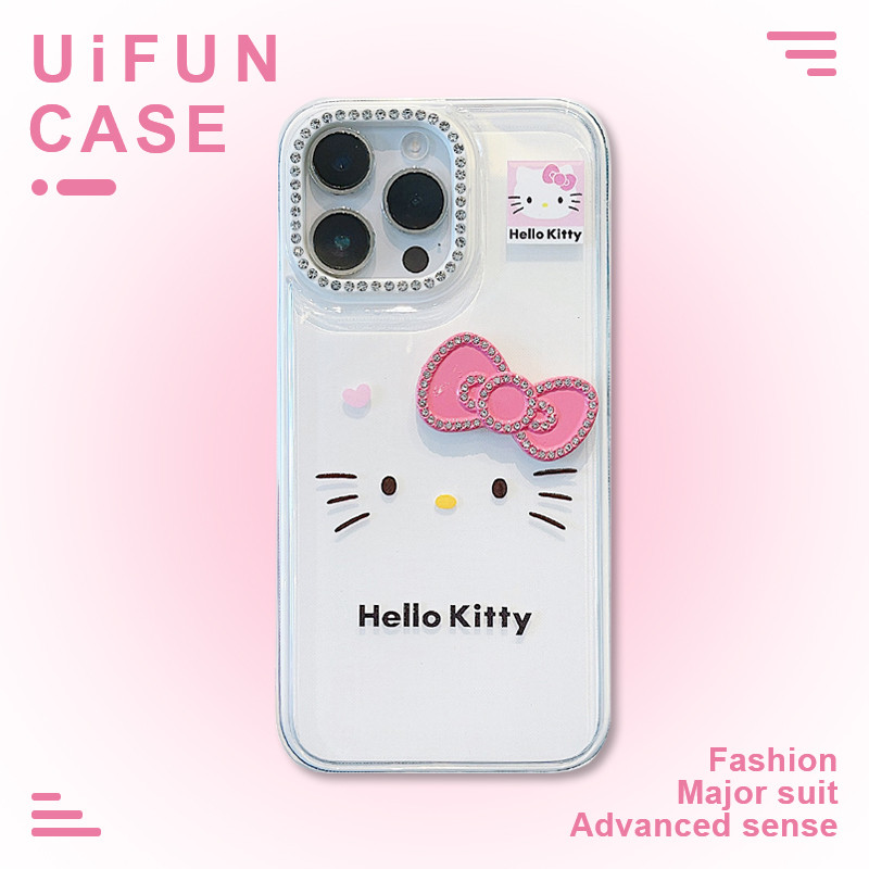 3D Bowknot Hello Kitty Diamond เลนส์กรอบเคสโทรศัพท์สําหรับ iPhone 16 15 14 13 Pro Max 16Pro IMD ป้องกันฝุ่น Hard PC ฝาหลัง Shell
