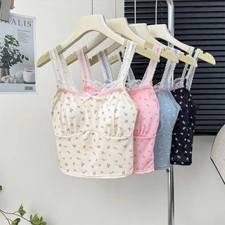 【คละสี 4 ชิ้น!!!】#393 เสื้อสายเดี่ยว ขอบลูกไม้ ลายดอก มีฟองน้ำในตัว