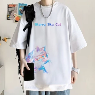 เสื้อผู้ชาย สกรีนลายแมวเท่ๆ เสื้อยืดคอกลม สตรีทแฟชั่น oversize คนอ้วน เสื้อเทสดี tshirt men ใส่สบาย