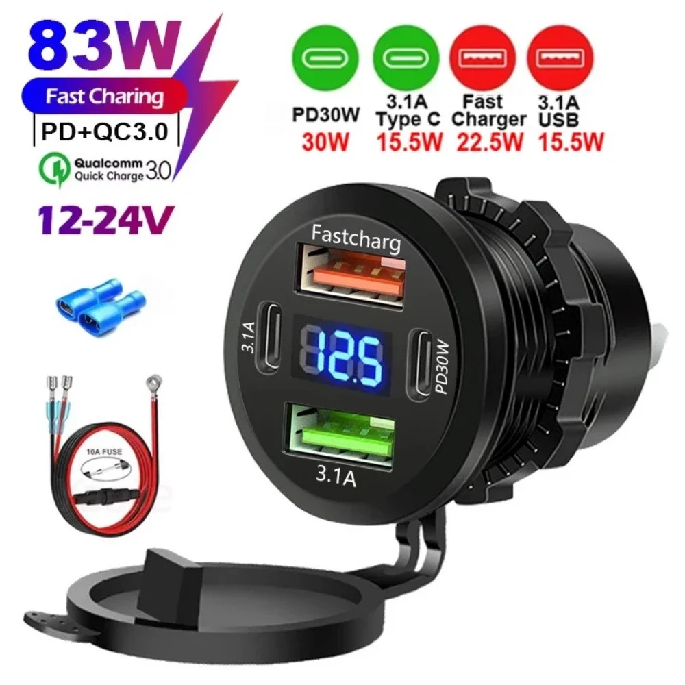 ใหม่ 4 พอร์ต Dual PD Dual QC 3.0 USB Car Charger พร้อมโวลต์มิเตอร์ Socket Power Outlet Adapter กันน้ําสําหรับ 12 V/24 V รถเรือ