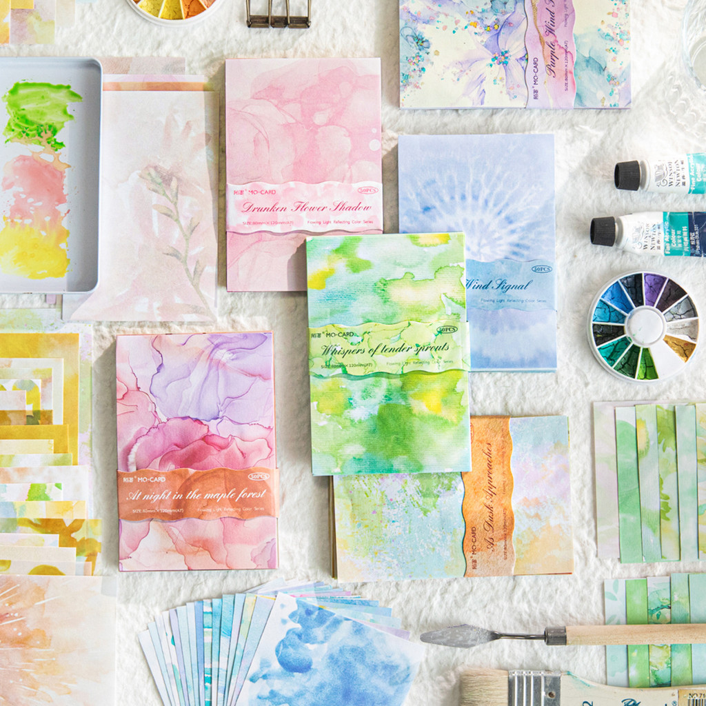 QOUZMO 50ชิ้น/แพ็คVINTAGEสําเนียงบันทึกภาพตัดปะวัสดุกระดาษ[Flowing Light Reflection Color Series]diy Scrap Book Supplies Diary deco paper