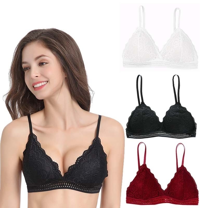 ชุดชั้นในลูกไม้เกาหลีเซ็กซี่ Bralette สไตล์ฝรั่งเศสเซ็กซี่ Hollow ดอกไม้ Brassiere Deep V Bra ฟรีขนาด