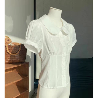 LINNA~TBเวอร์ชั่นเกาหลี สีทึบ ผูกขึ้น ประกบ แขนสั้น เสื้อเชิ้ต สไตล์ใหม่ สไตล์หวาน