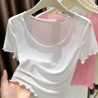 เสื้อยืดแขนสั้นคอเหลี่ยมตาข่ายผ้าไหมน้ำแข็งสำหรับผู้หญิง สไตล์สั้นกระดูกไหปลาร้าฤดูร้อน ชั้นฐานเชียร์บาง