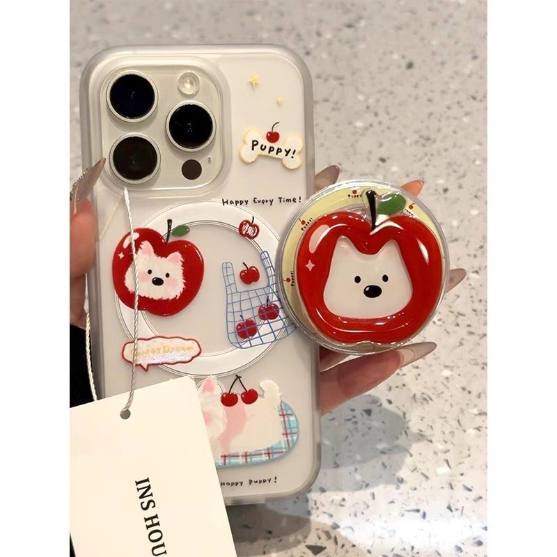 น่ารักสีแดง Apple Cherry West Highland Magnetic Bracket เหมาะสําหรับ Apple 16promax เคสโทรศัพท์ iPhone15 ใหม่