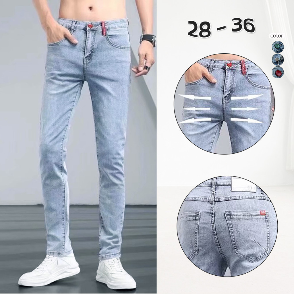 KINGMEN กางเกงขายาวทรงสลิมฟิต ยีนส์ยืด SLIM FIT กางเกงยีนส์ขาเดฟ สีอ่อน/เข้ม (กระดุม 3 สี) เอว 28-36 พร้อมส่ง