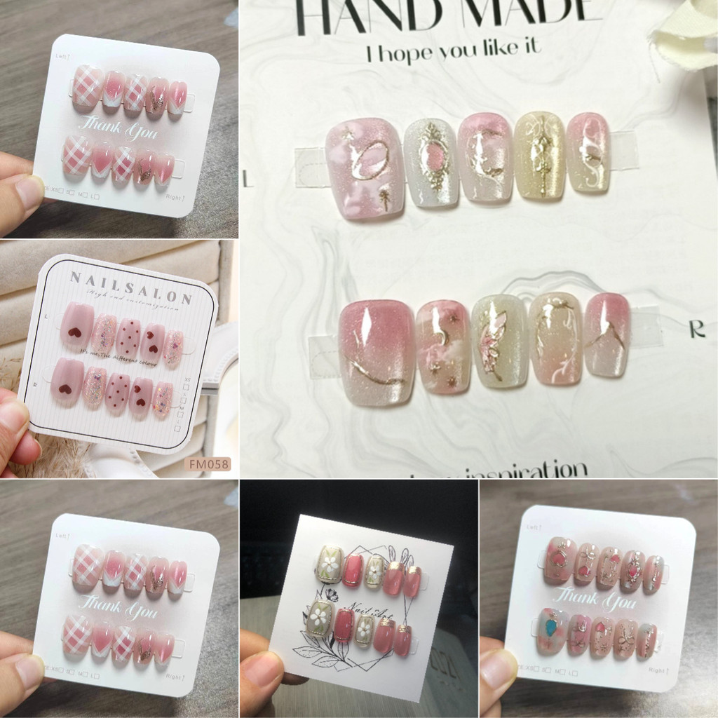 ชุดเล็บปลอมชุดสีชมพูพร้อมกาวเล็บปลอมสั้น
