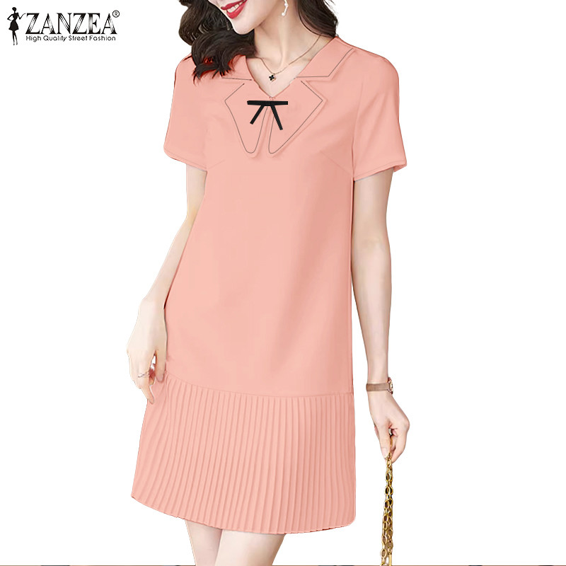 ZANZEA ซานเซีย ผู้หญิงแฟชั่นเกาหลีปกผิดปกติแขนสั้นจีบเหมชุดที่สง่างาม