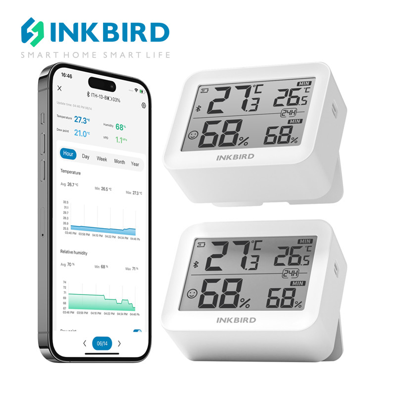 INKBIRD ITH-13-B ชุดตรวจวัดอุณหภูมิและความชื้นแบบบลูทูธ 2 ชิ้น ควบคุมผ่านแอปพลิเคชัน มีความแม่นยำสูง เหมาะสำหรับบ้านและสำนักงาน