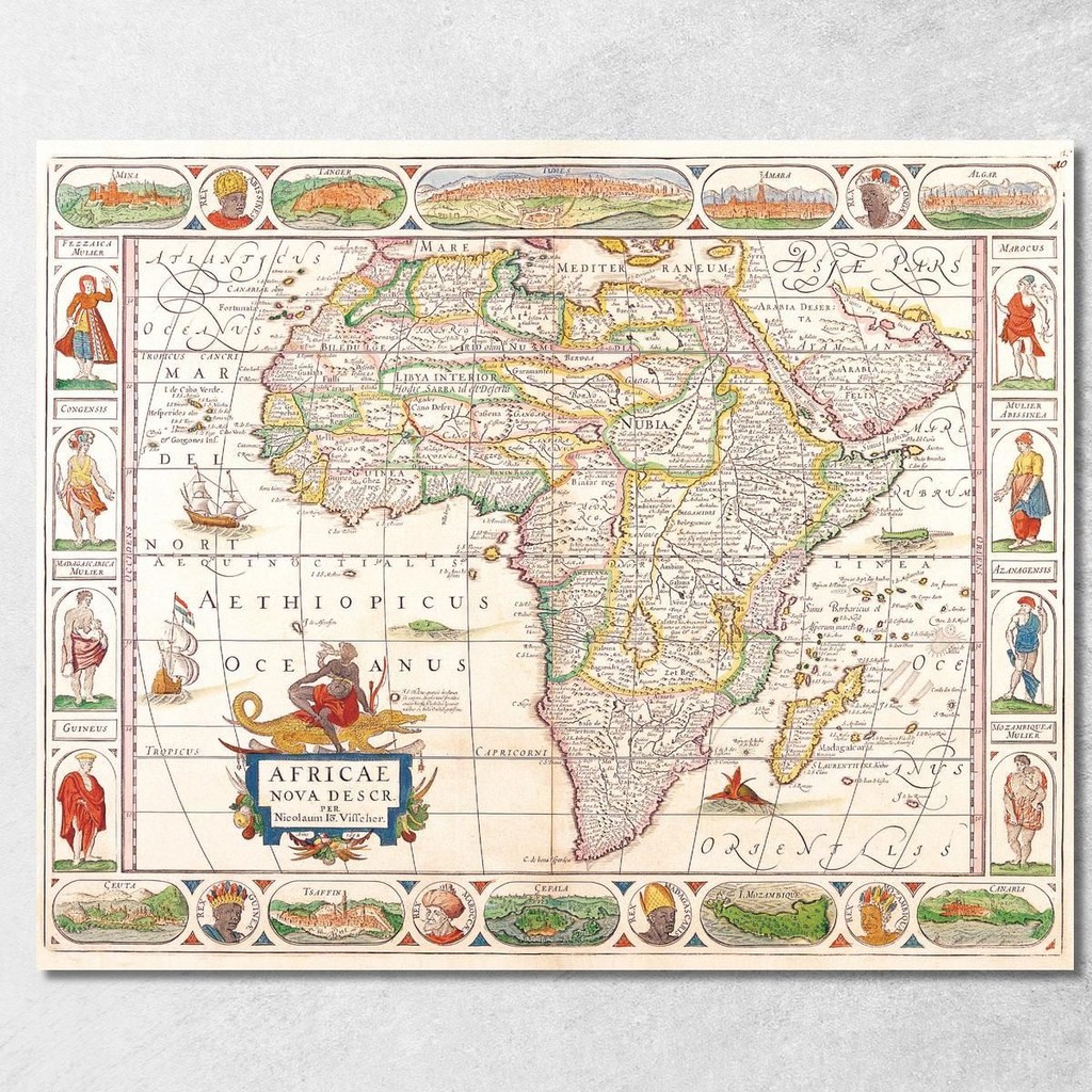 Painting Historical Africa Map With Renaissance Decorative Elements , map54 ภาพพิมพ์บนผ้าใบแคนวาส