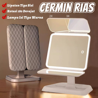 LED Cermin Rias Dengan Touchscreen 3 Warna LED Rechargeable Cermin Rias Bercahaya Kotak Penyimpanan 180 ° Cermin Rias