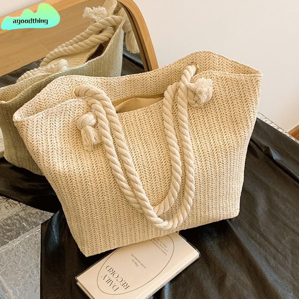 AGOODTHING กระเป๋าโท้ตชายหาด, กระเป๋าสะพายความจุขนาดใหญ่ฤดูร้อน, Raffia Boho Top-Handle กระเป๋าผู้หญิง