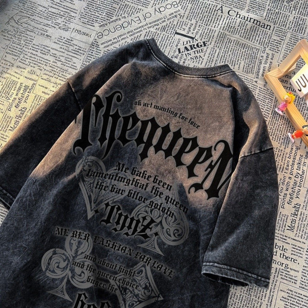 （จัดส่งตลอด 24 ชั่วโมง）HY เสื้อยืดคู่รัก ins ทรงหลวมสไตล์อเมริกันวินเทจแนวฮิปฮอป oversize สตรีทเสื้อ