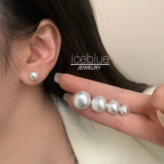 iceblue-ต่างหูติดหูลูกมุกกลมแบน ขนาด 8 มม ถึง 14 มม ไม่ก่อภูมิแพ้ กันน้ำ กันเหงื่อ ไม่ซีดสี สำหรับสุภาพสตรี E97