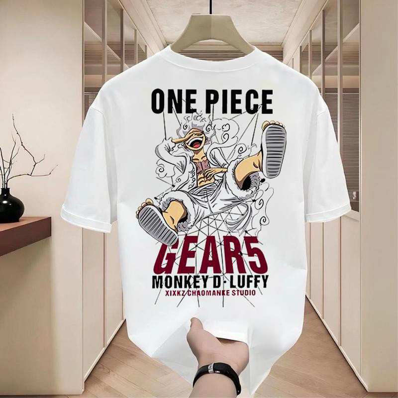 เสื้อยืดคอกลม-แขนสั้น oversize t-shirt พิมพ์ลาย "OnePiece Luffy" เสื้อยืดผู้ชายเท่ๆ สตรีทแฟชั่น สีขาว-สีดำ