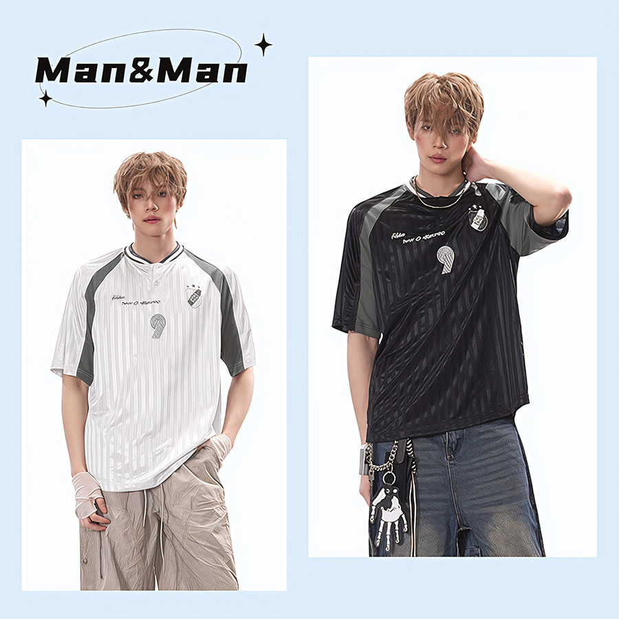 M＆M เสื้อยืดแขนสั้น คอวี แบรนด์สไตล์อเมริกันยอดนิยม สไตล์สตรีท ลายทาง คอลเล็กชั่นฤดูร้อนใหม่