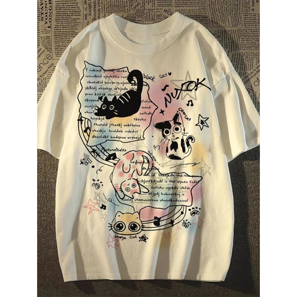 【ส่งจากไทย】🐈เสื้อยืดแขนสั้นพิมพ์ลายแมวสไตล์หวานเย็นสำหรับฤดูร้อน 2026 เสื้อฤดูร้อนสำหรับผู้หญิงใหม่