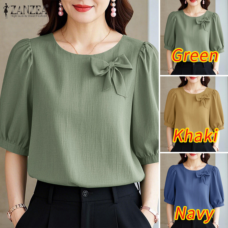ZANZEA เสื้อเบลาส์คอกลมแขนพัฟแขนกลางหรูหราเกาหลีสําหรับผู้หญิง — صورة 3