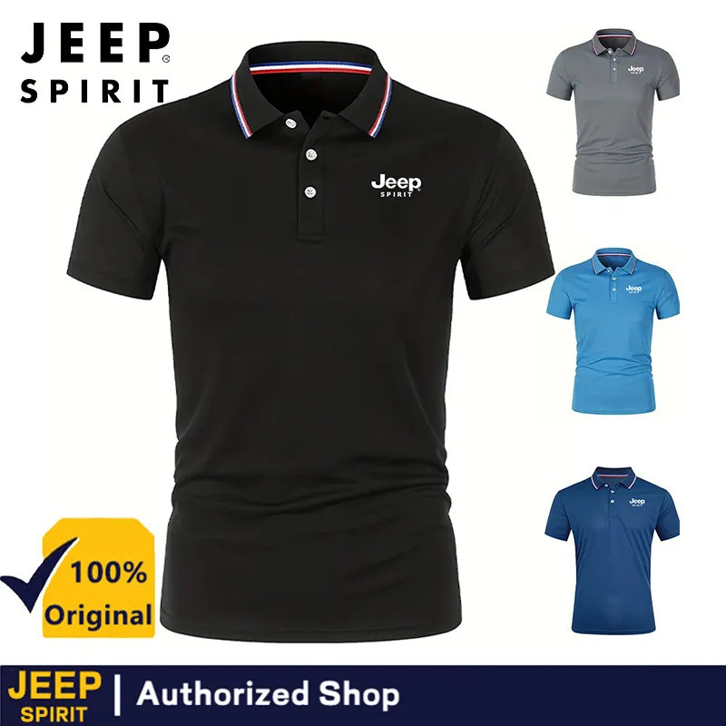JEEP SPIRIT ชุดทํางานระบายอากาศและสะดวกสบายเสื้อโปโลผู้ชายแขนสั้นลําลองสีทึบแฟชั่นฤดูร้อนปกด้านบน