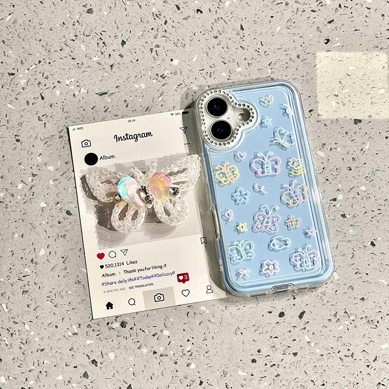 Huiwanju ใช้กับเคสโทรศัพท์มือถือ iphone15 iPhone16Pro max dream ins สีผีเสื้อแฟลชวงเล็บเพชร niche ใหม่ 16 ผู้หญิงป้องกันการตก 13 ซิลิโคน 15pro รวมทุกอย่าง