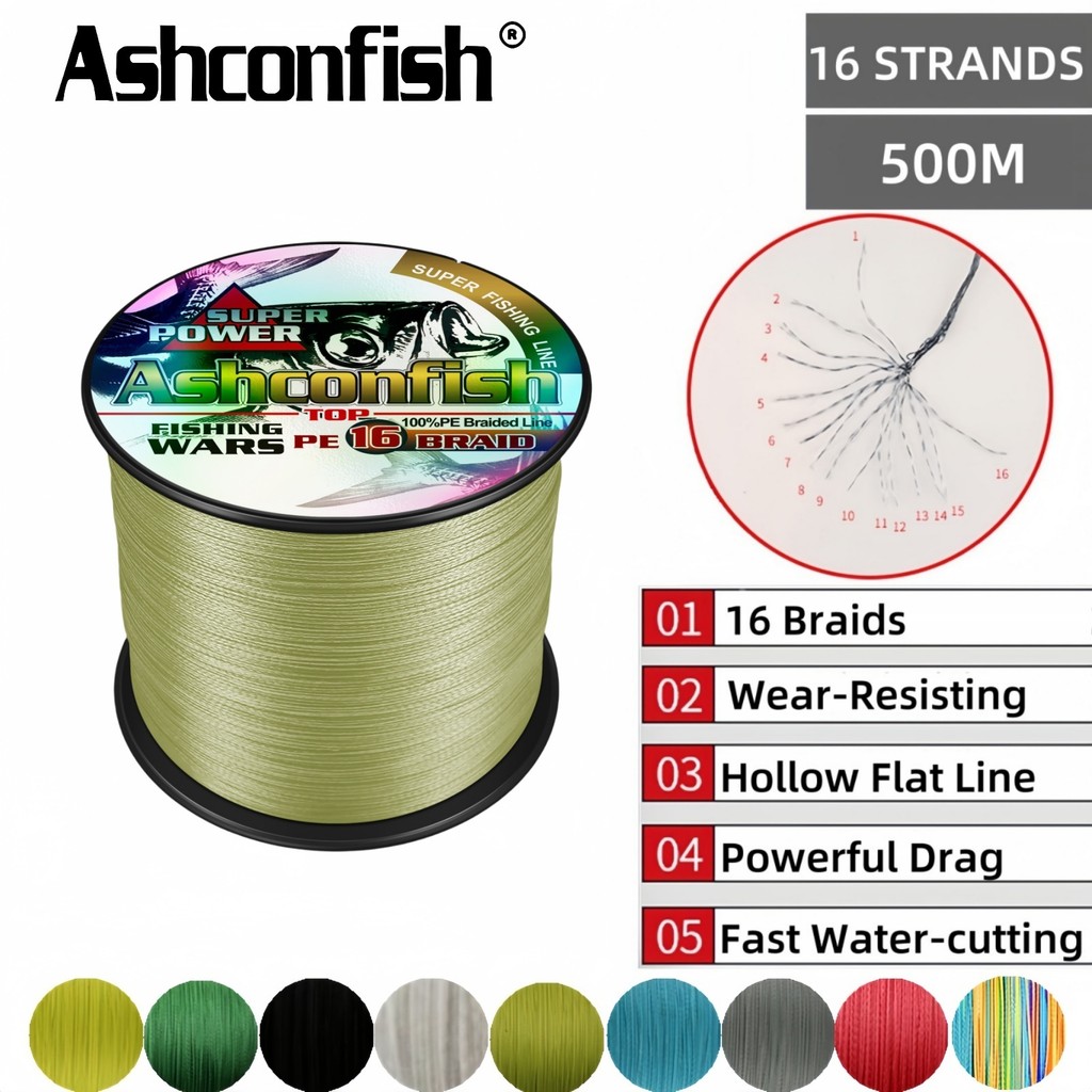 Ashconfish 500M Professional 16 Strands Hollow PE สายถักสายตกปลา Multifilament สายหลัก 20LB-500LB