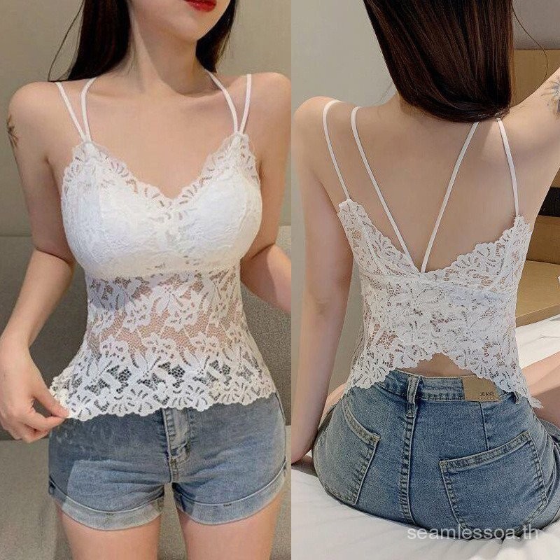 40kg-90kg ท็อปซับในสองชั้น ขนาดใหญ่ เสื้อเซ็กซี่ ขนาดใหญ่ เสื้อสายเดี่ยวคอวี ทรงเข้ารูป ลูกไม้ เสื้อกล้ามซานโด้สำหรับผู้หญิง