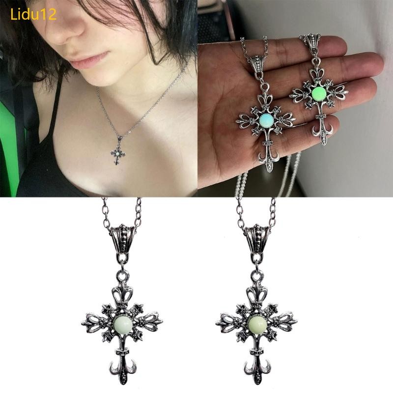 Lidu12 Cross จี้สร้อยคอ Punk Choker Luminous สร้อยคอหิน Hip Hop Clavicle Chain สร้อยคอเครื่องประดับโ