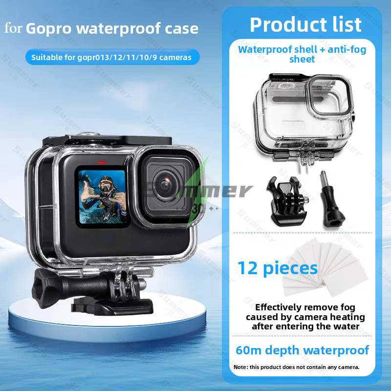 Summer เคสกันน้ำสำหรับ GoPro Hero 13/12/11/10/9 -60M/196FT ใต้น้ำลึก กล้องกีฬาขนาดเล็ก เคสป้องกันการตกหล่น