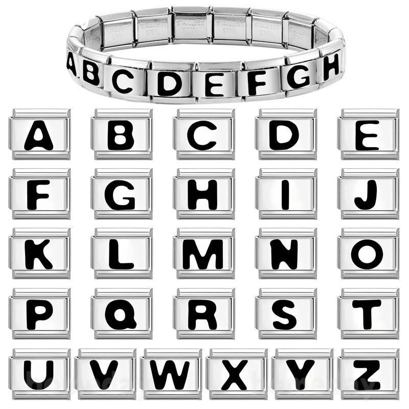 ตัวอักษร AZ ตัวอักษรสีดําอิตาเลี่ยน Charm สร้อยข้อมือ Fit 9 มม.สร้อยข้อมือสแตนเลส DIY เครื่องประดับทําอุปกรณ์เสริม Retro บุคลิกภาพโมดูลสร้อยข้อมือเครื่องประดับ