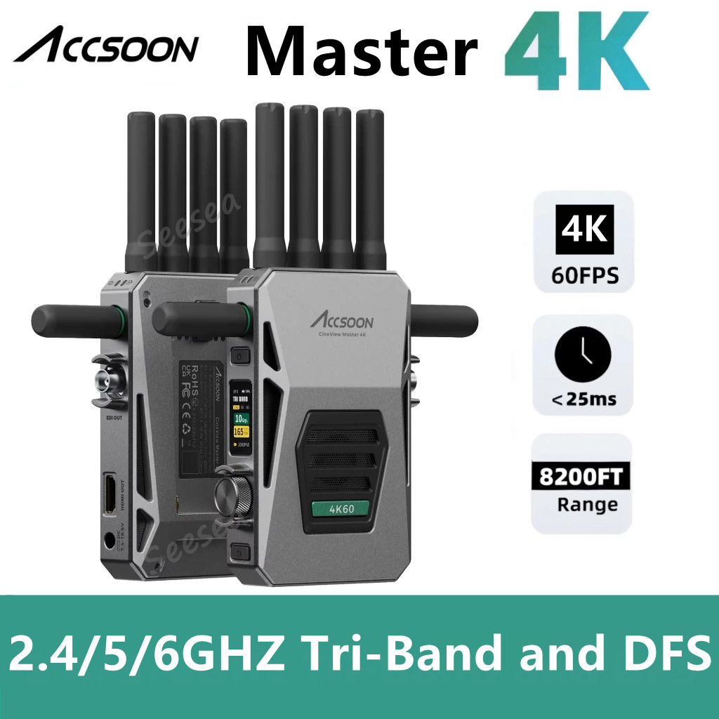ACCSOON CineView Master 4K การส่งผ่านวิดีโอไร้สาย 4K 6G/5G/2.4GHz 8200ft Range Full-color LCD 25ms C