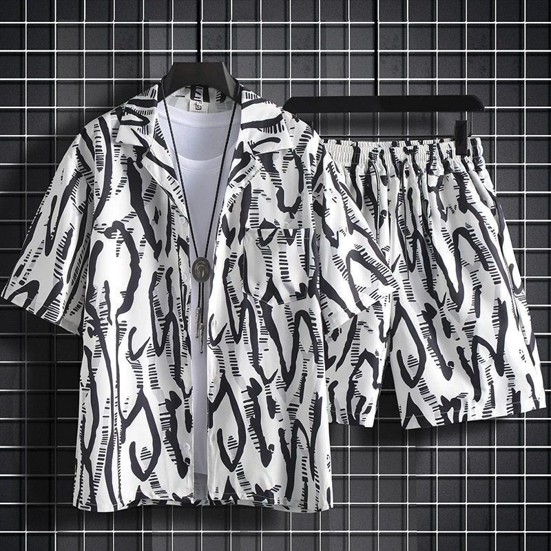 กางเกงขาสั้นผ้าไหมน้ําแข็งกทั้งชุดผู้ชายฤดูร้อนบางหลวมแขนสั้นเสื้อดอกไม้ฮาวายคู่ชายหาดสูท