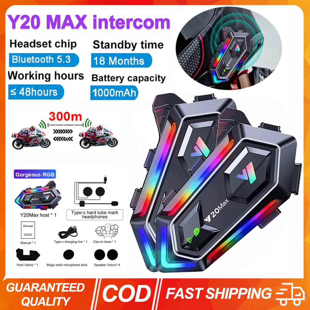 Y20 MAX หมวกกันน็อครถจักรยานยนต์ชุดหูฟังบลูทูธ Intercom RGB สีสันผสม V5.3 Effect 1000mAh แบตเตอรี่ I