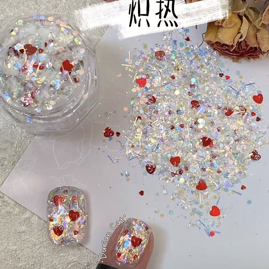 เลื่อมแต่งเล็บร้อนกระพริบขาผมสีแดงมินิ1มิลลิเมตรรักผสมหนังสือสีแดงเล็กๆน้อยๆสวมใส่เล็บส่องไฟเล็บอุปกรณ์