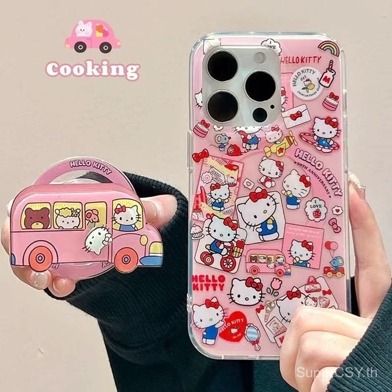 เคสโทรศัพท์ที่เข้ากันได้กับ iPhone 7 8 X XS XR XSMAX 11 12 13 14 15 16 Pro Max Plus ลายรถบัส KT แมว + ขาตั้งแม่เหล็ก เคสแม่เหล็กแบบเต็มครอบคลุม กันกระแทก ปกป้องเคส 1ASN