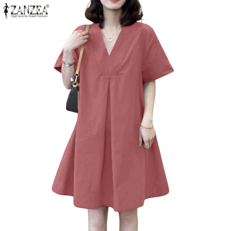 ZANZEA ชุดเดรสคอวีลําลองสไตล์เกาหลีสําหรับผู้หญิง
